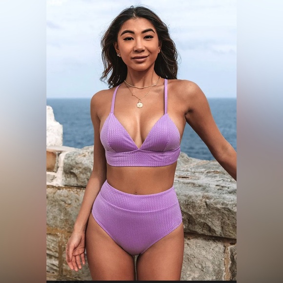 NWT Womens Cupshe Amiya Purple V-neck Criss Cross High Waisted Bikini - Picture 1 of 13
